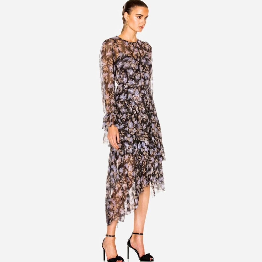 ZIMMERMANN 100% Silk Stranded Tiered Dress Black Floral & Slip NEW - 0 / XS